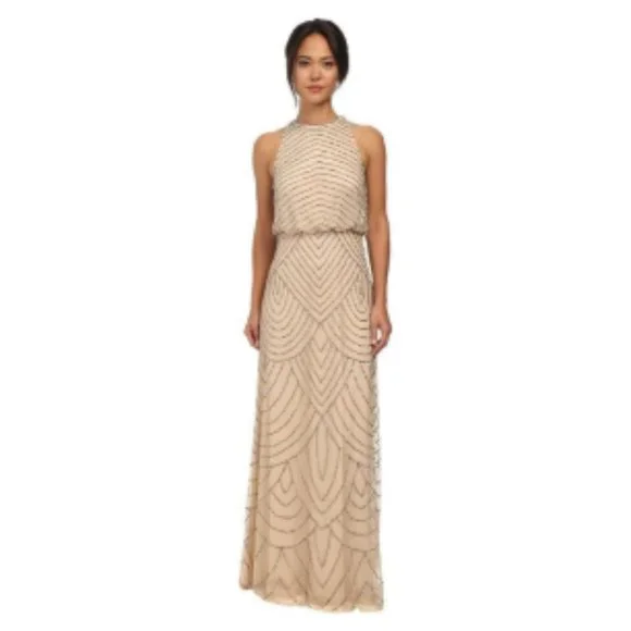 ** Adrianna Papell** Women's Halter Art Deco Beaded Blouson Dress Nude 0 - Picture 1 of 6